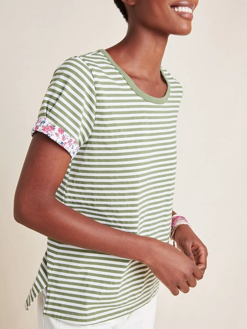 T.La Anthropologie "Cydney" ringer tee Green Striped With Floral, Medium (C5)